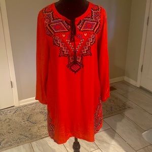 THML Embroidered Burnt Orange Aztec  Long Sleeve Sheath Tunic Dress